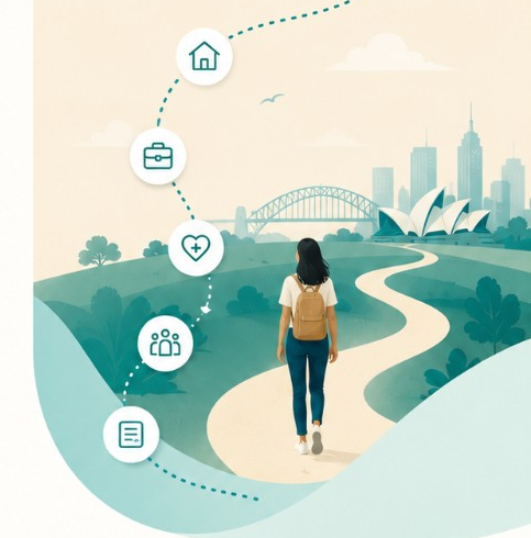 A person walking a settlement path toward the Sydney skyline, with icons for home, work, health, community and planning along the way